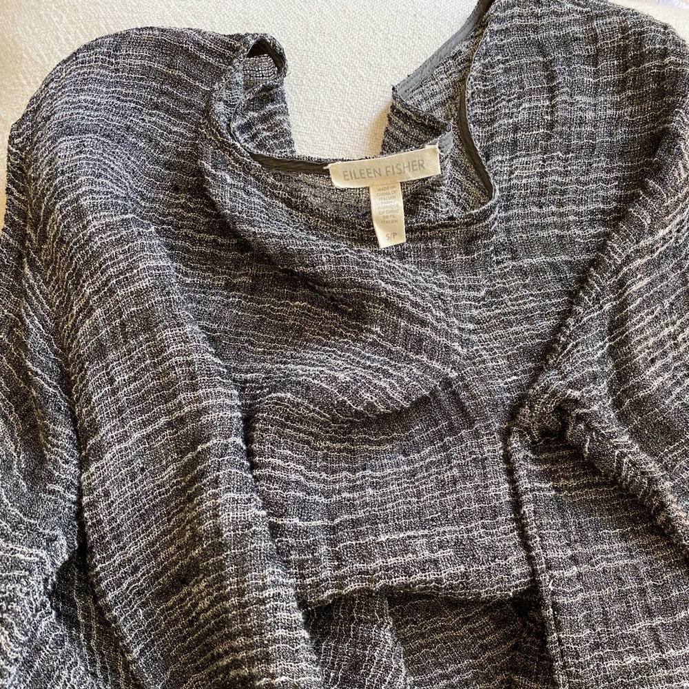 Eileen Fisher Three Quarter Sleeve Gauze Weave Boxy Top - Black/White - Small - Picture 5 of 9